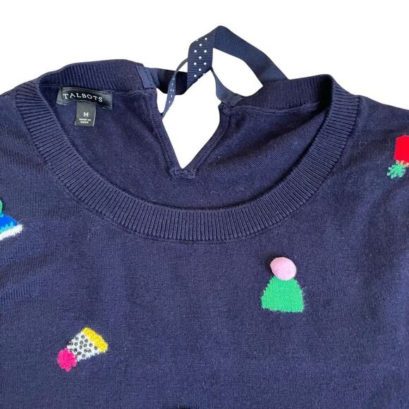 Talbots Sz M Party Hat Scoop Neck Sweater Navy with Multicolor Birthday Holiday - Picture 3 of 16